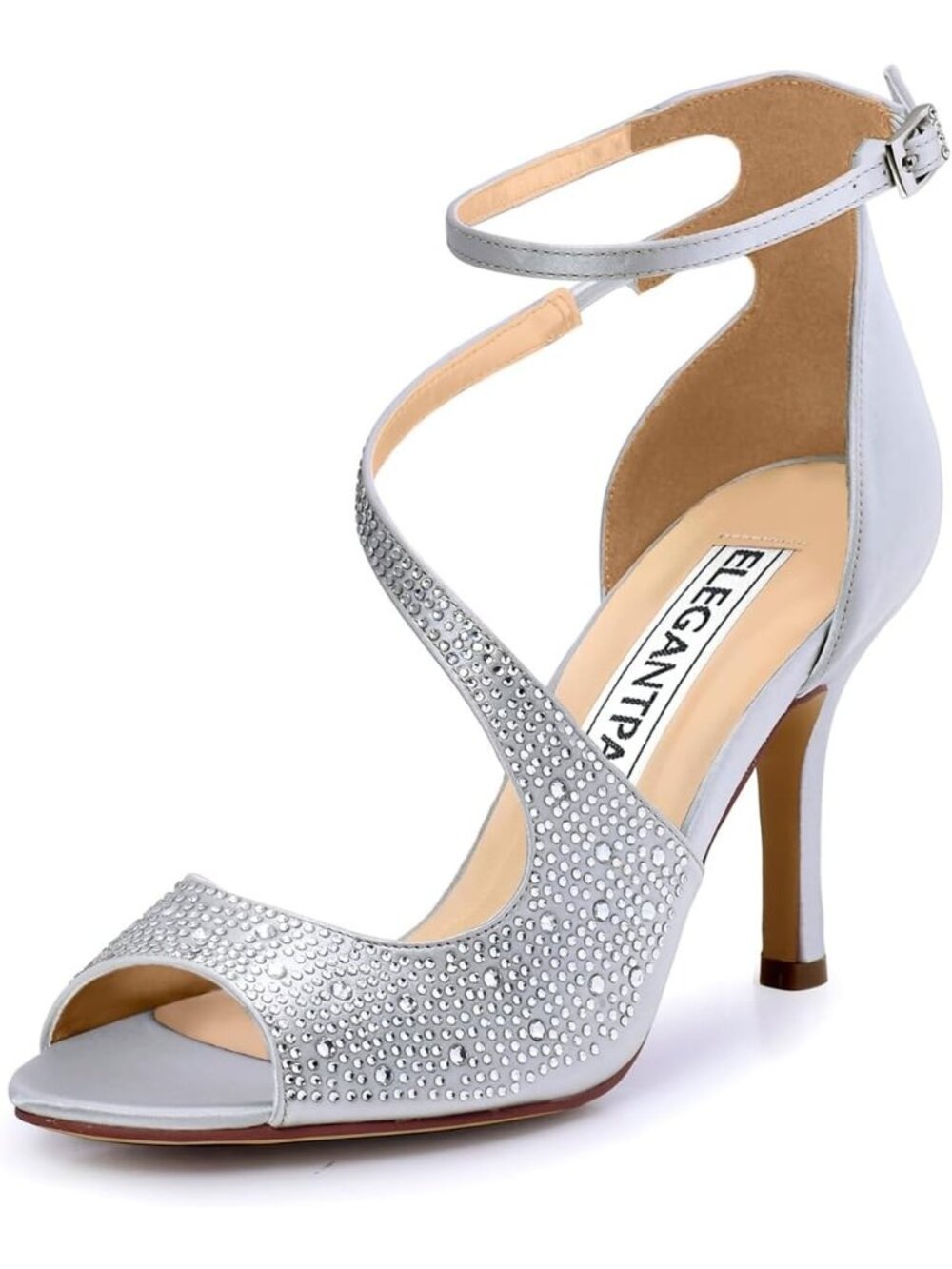 Women's Silver High Heels Sandals Cross Strappy Peep Toe Wedding Shoes Buckle